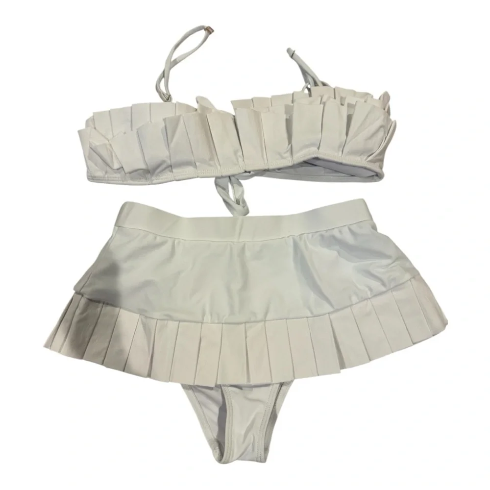 White Pleated Bikini Set with pads